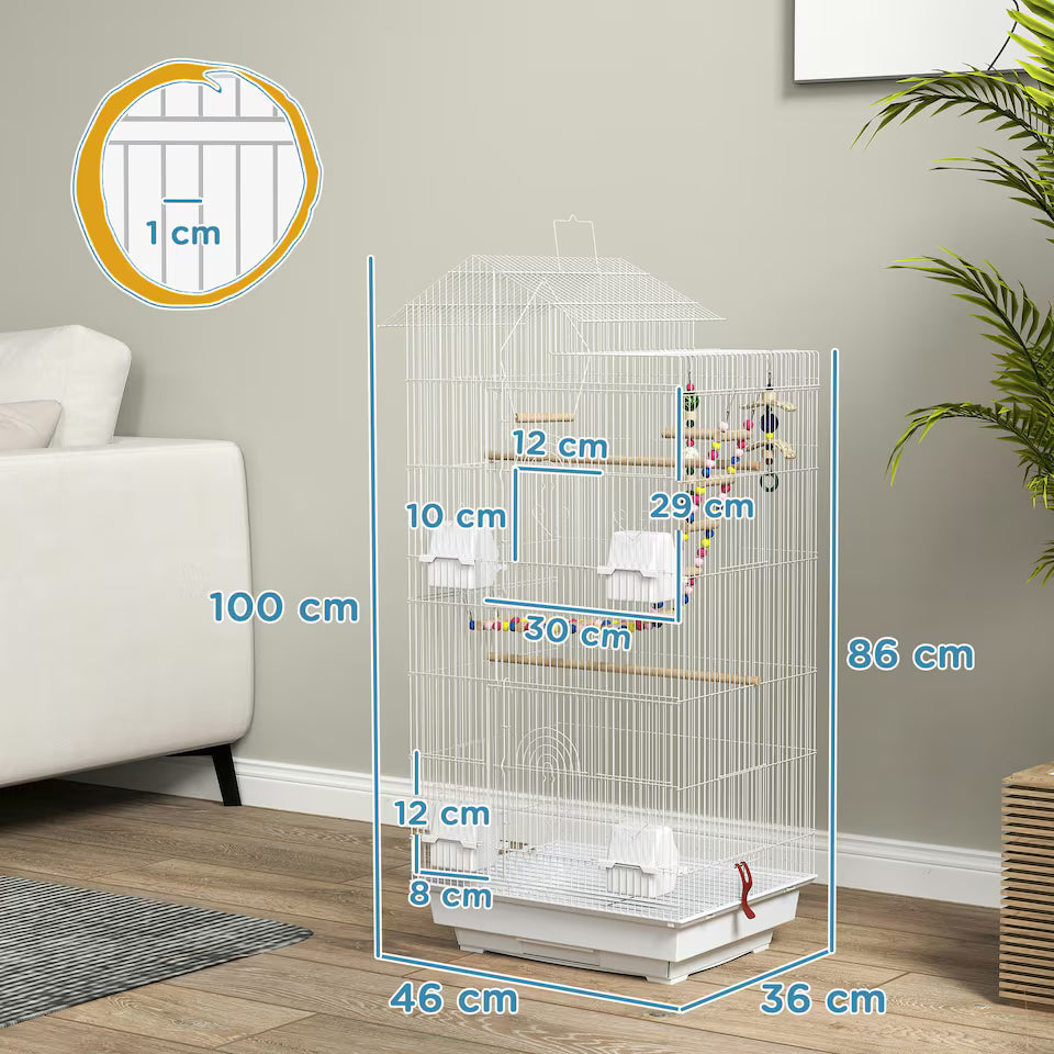 Fakhri Bird Cage for Budgies, Finches, Canaries w/ Toys, Tray, White 46L x 36W x 100H cm