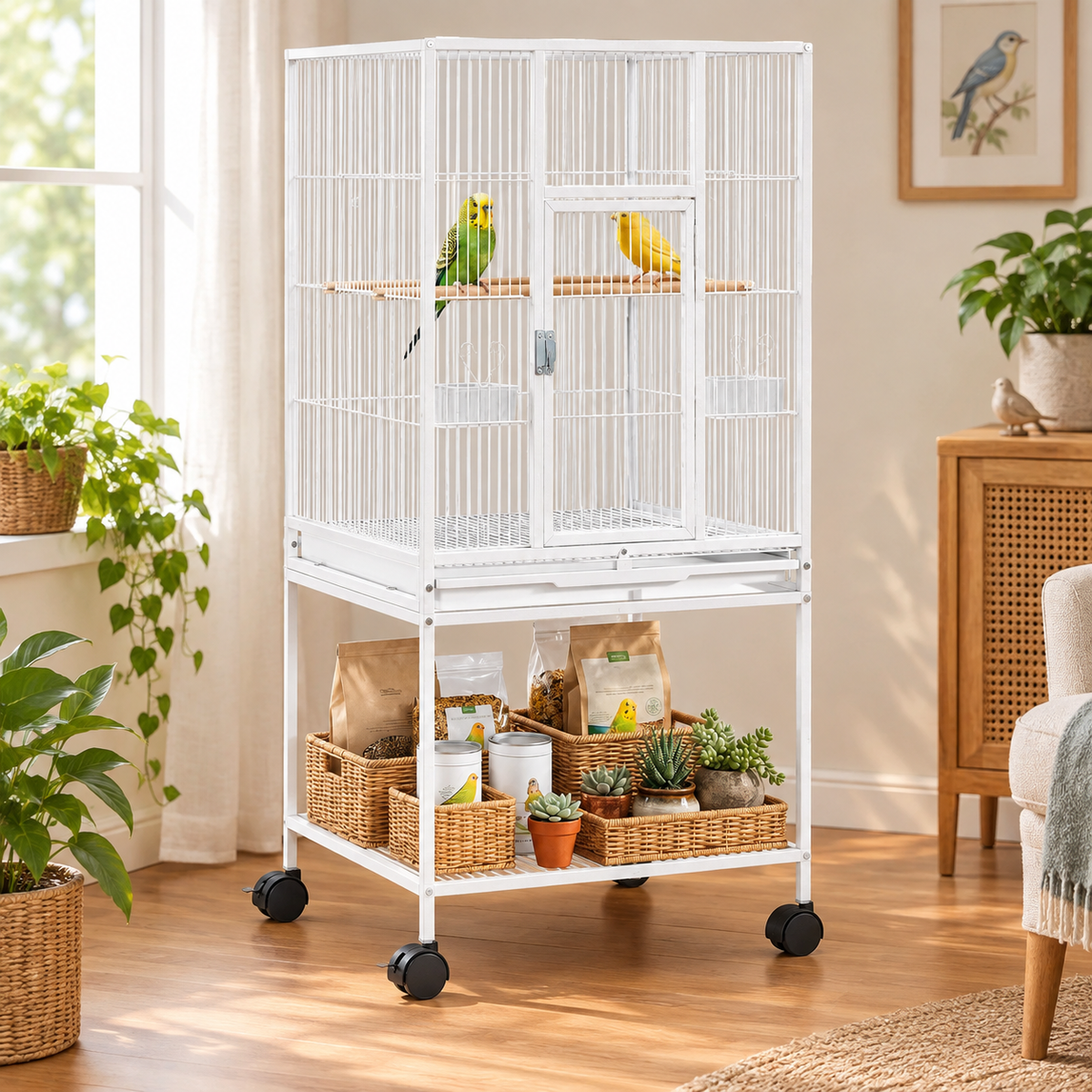 Fakhri Bird Cage for Finches, Canaries Detachable with Rolling Stand White 48L x 45.5W x 103H cm