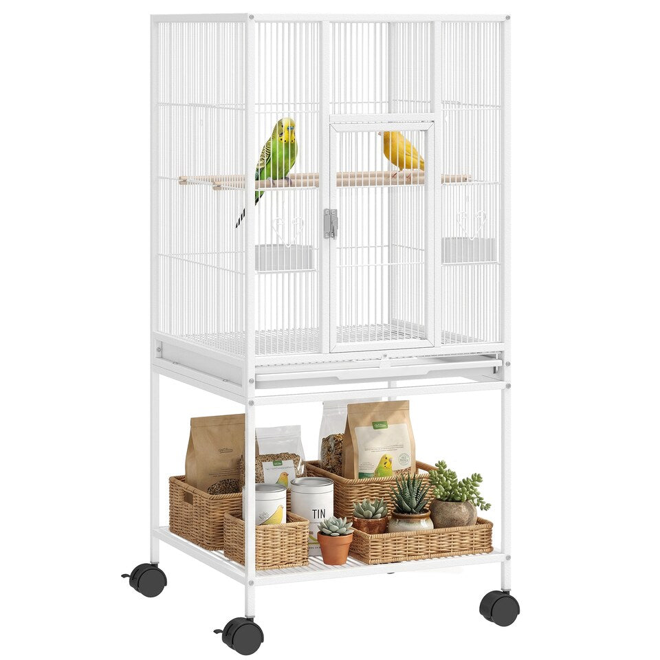 Fakhri Bird Cage for Finches, Canaries Detachable with Rolling Stand White 48L x 45.5W x 103H cm