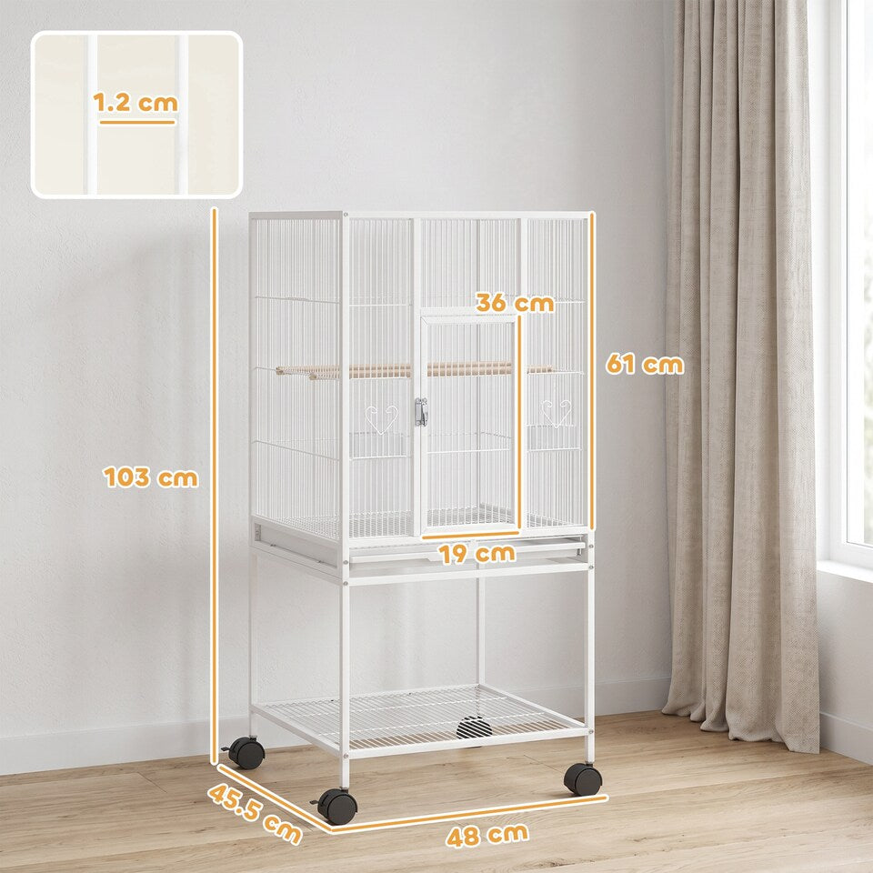 Fakhri Bird Cage for Finches, Canaries Detachable with Rolling Stand White 48L x 45.5W x 103H cm