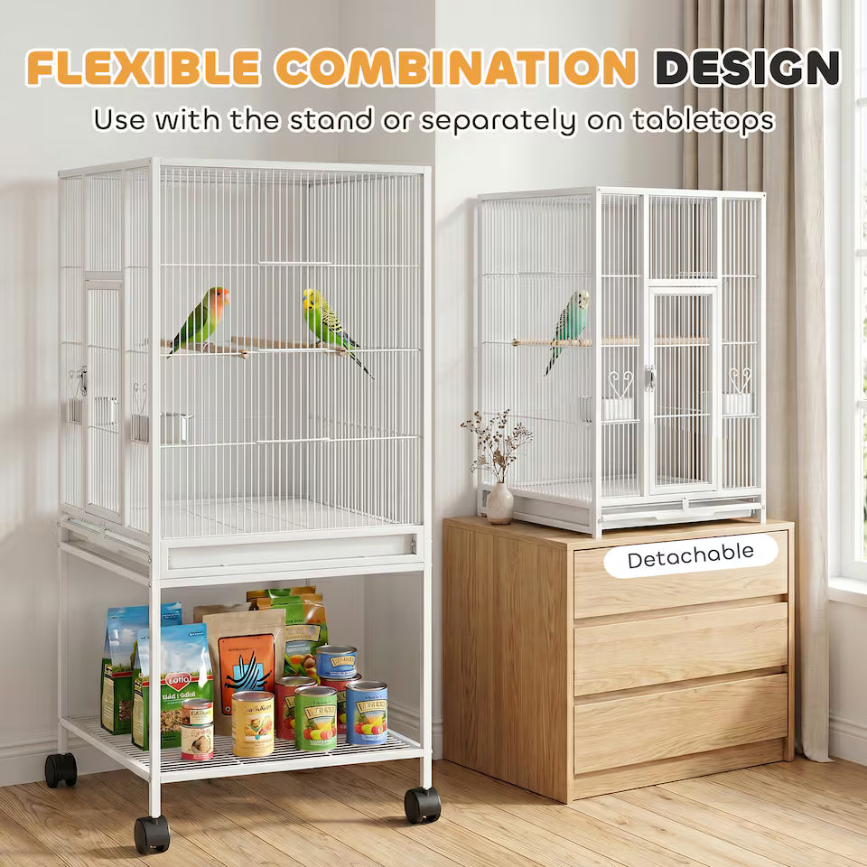 Fakhri Bird Cage for Finches, Canaries Detachable with Rolling Stand White 48L x 45.5W x 103H cm