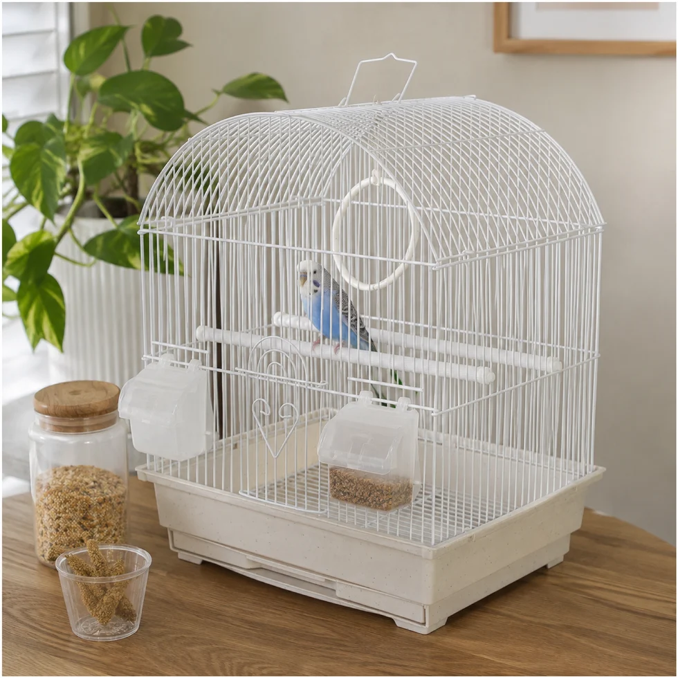 Fakhri Curved Small Bird Travel Cage White 34 x 28 x 43cm