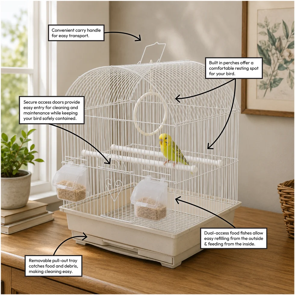 Fakhri Curved Small Bird Travel Cage White 34 x 28 x 43cm
