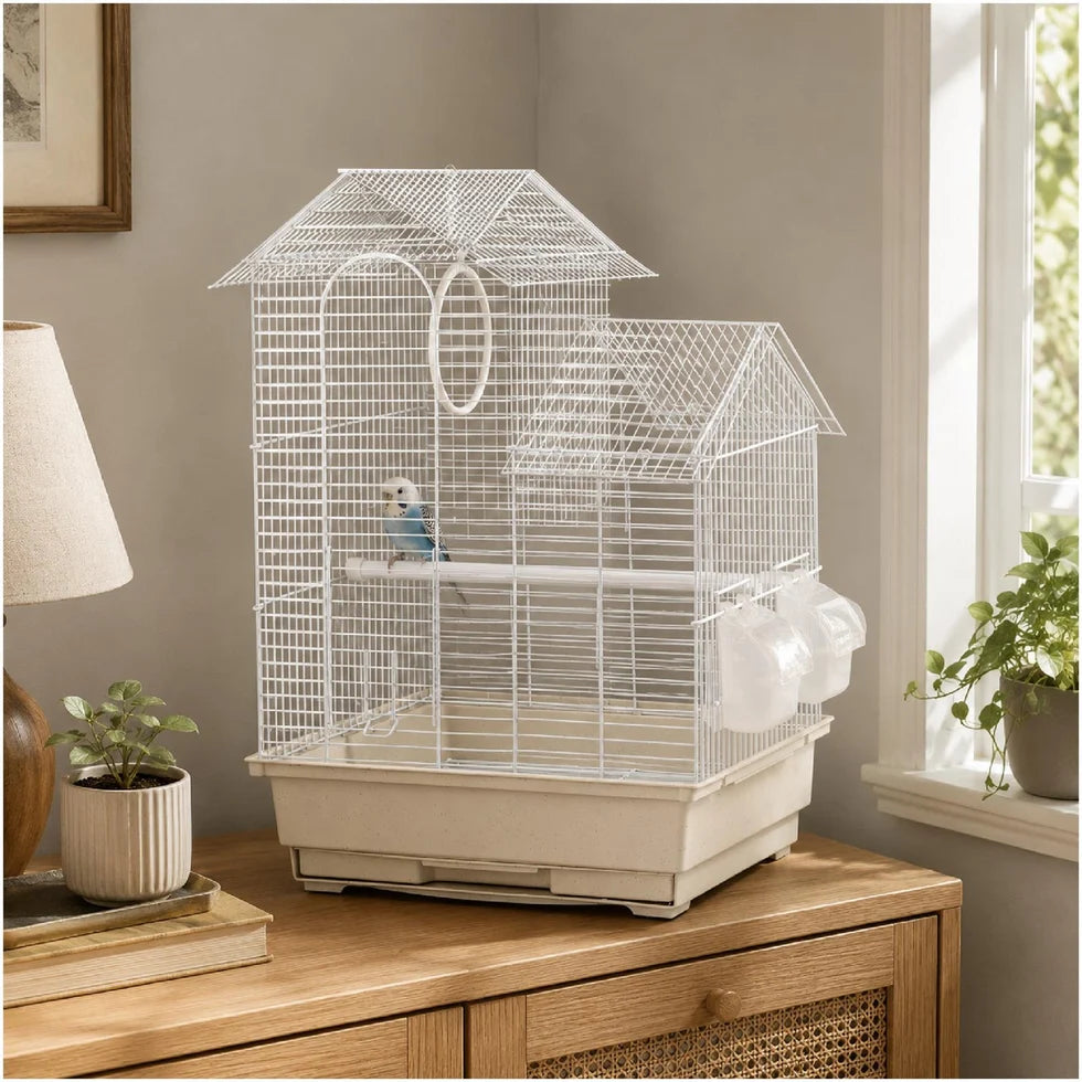Fakhri Dual Split level Small Bird Travel Cage White 37 x 30 x 48cm