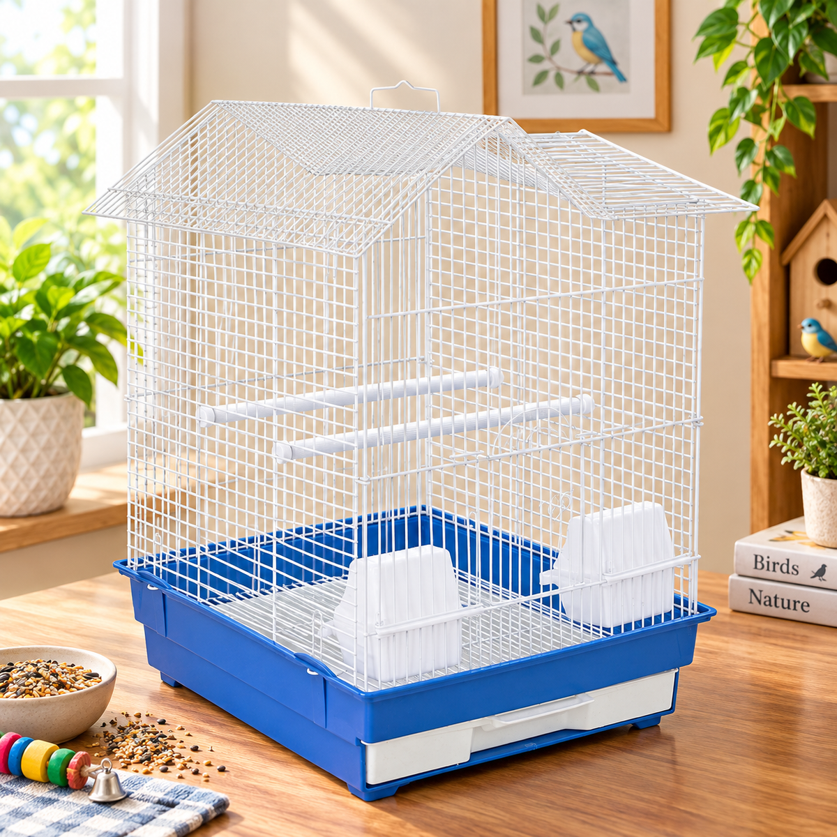 Fakhri Dutch Gable-style Portable Bird Small Cage Blue 44 x 40 x 54cm