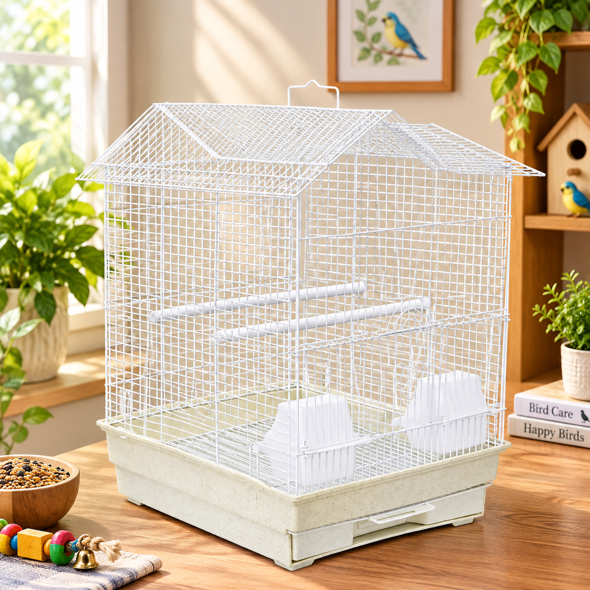 Fakhri Dutch Gable-style Portable Bird Small Cage White 44 x 40 x 54cm