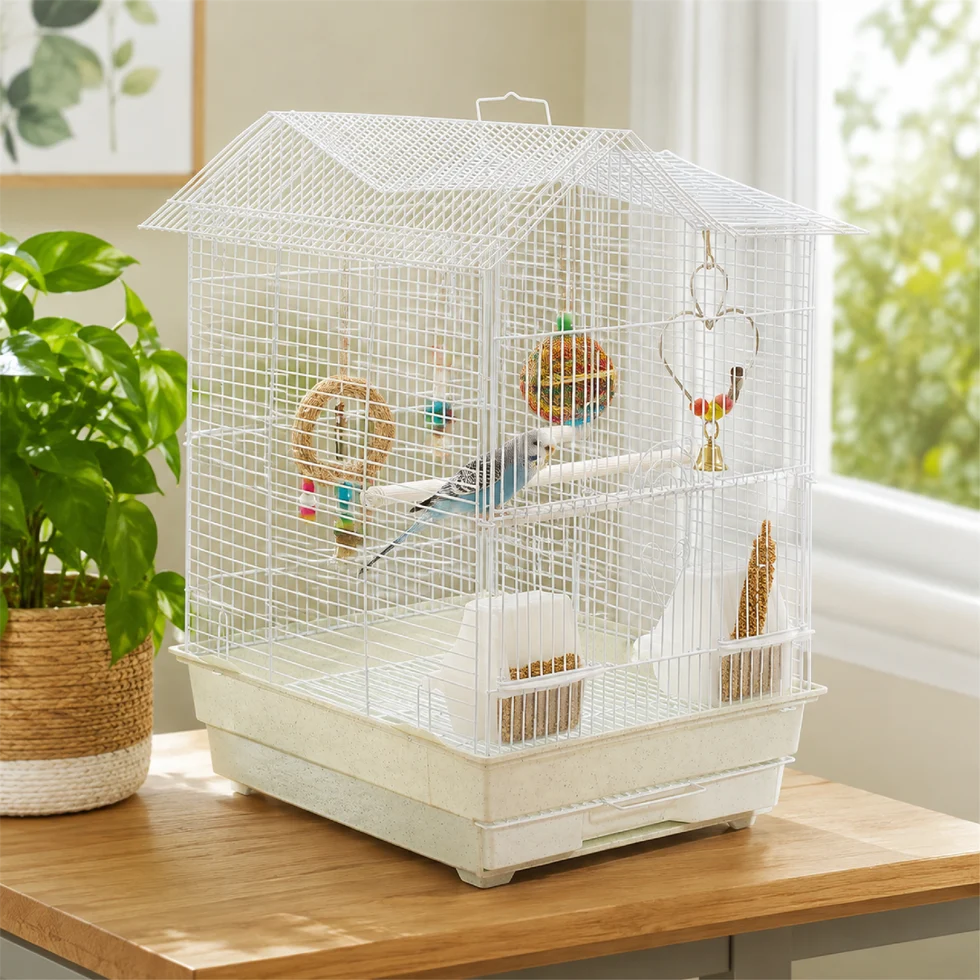 Fakhri Dutch Gable-style Portable Bird Small Cage White 44 x 40 x 54cm