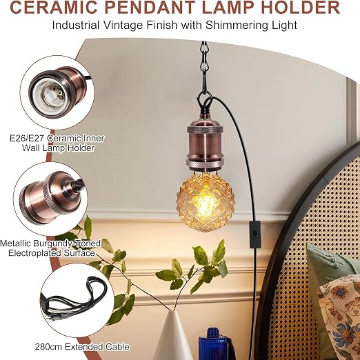 Fakhri E27 Reptile Brown Ceramic Heat Lamp Holders with 39" Hanging Chain & 280cm Cable (Pack of 1)