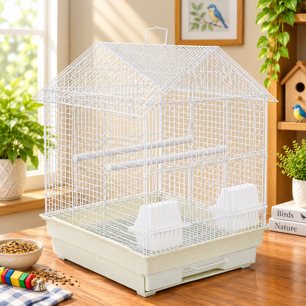 Fakhri Gable-style Portable Bird Small Cage White 44 x 40.5 x 53cm