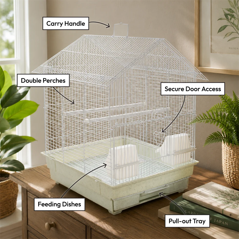 Fakhri Gable-style Portable Bird Small Cage White 44 x 40.5 x 53cm