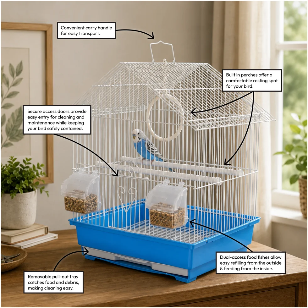 Fakhri Gable-style Small Bird Travel Cage Blue 37 x 31 x 43cm