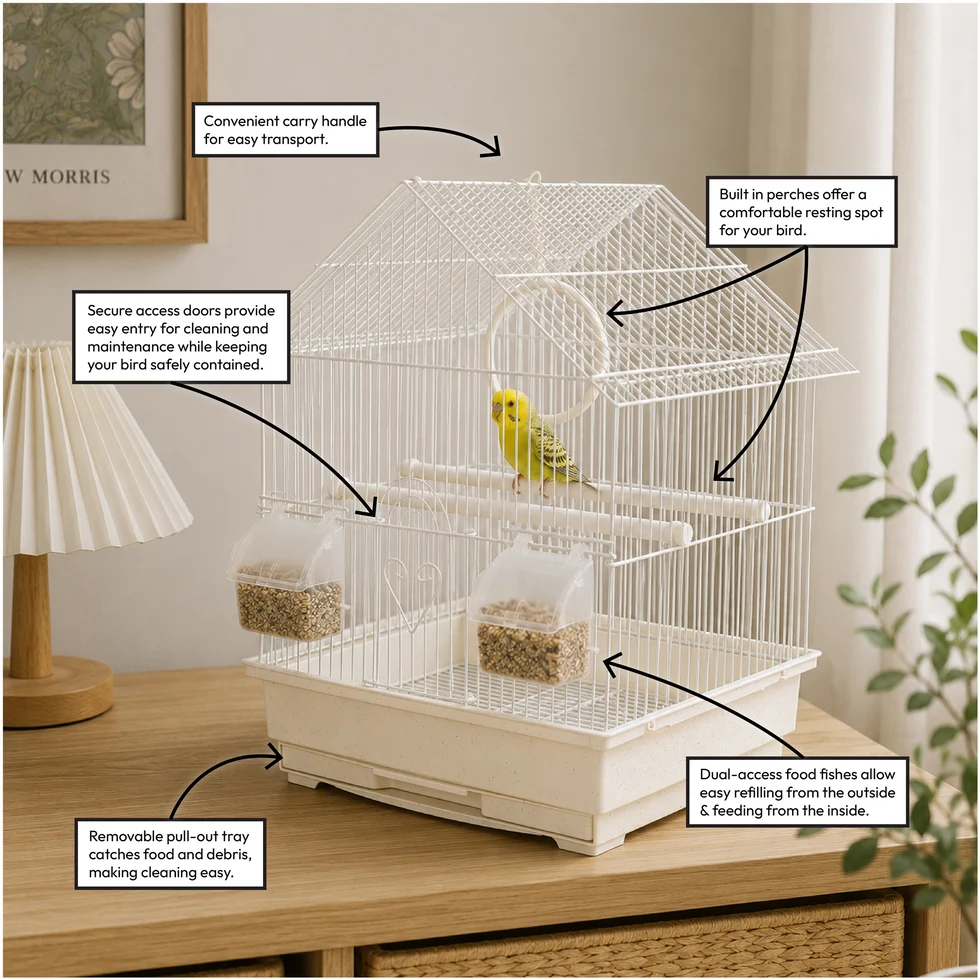 Fakhri Gable Style Small Bird Travel Cage White 37 x 31 x 43cm
