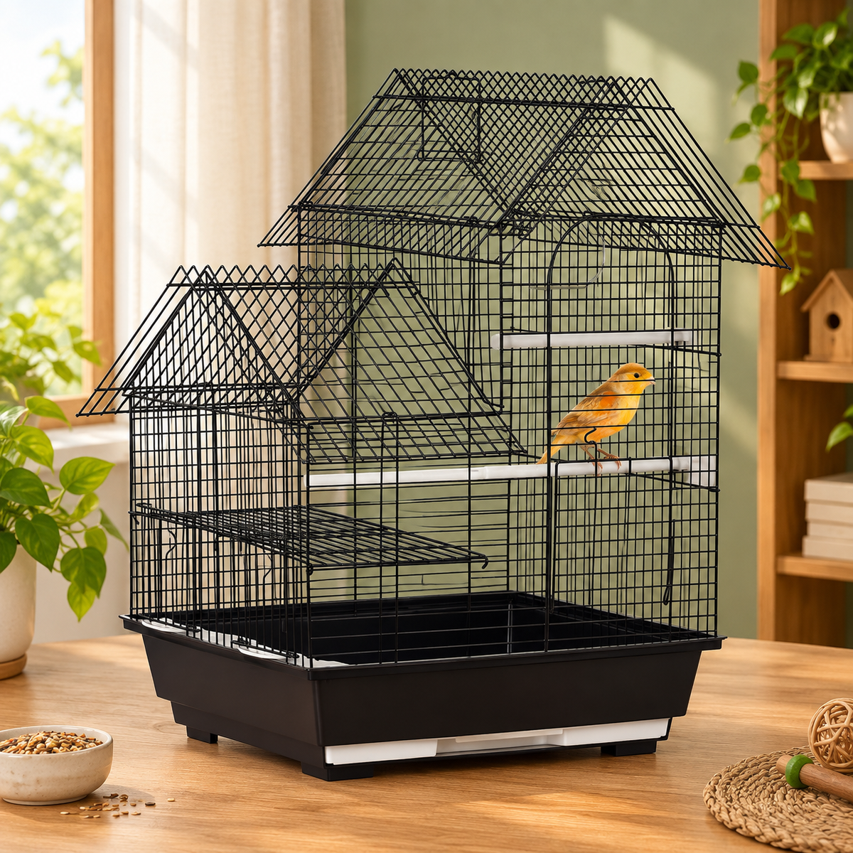 Fakhri Metal Bird Cage, With Plastic Perch, Swing Ring, Handle, 39 x 33 x 47cm