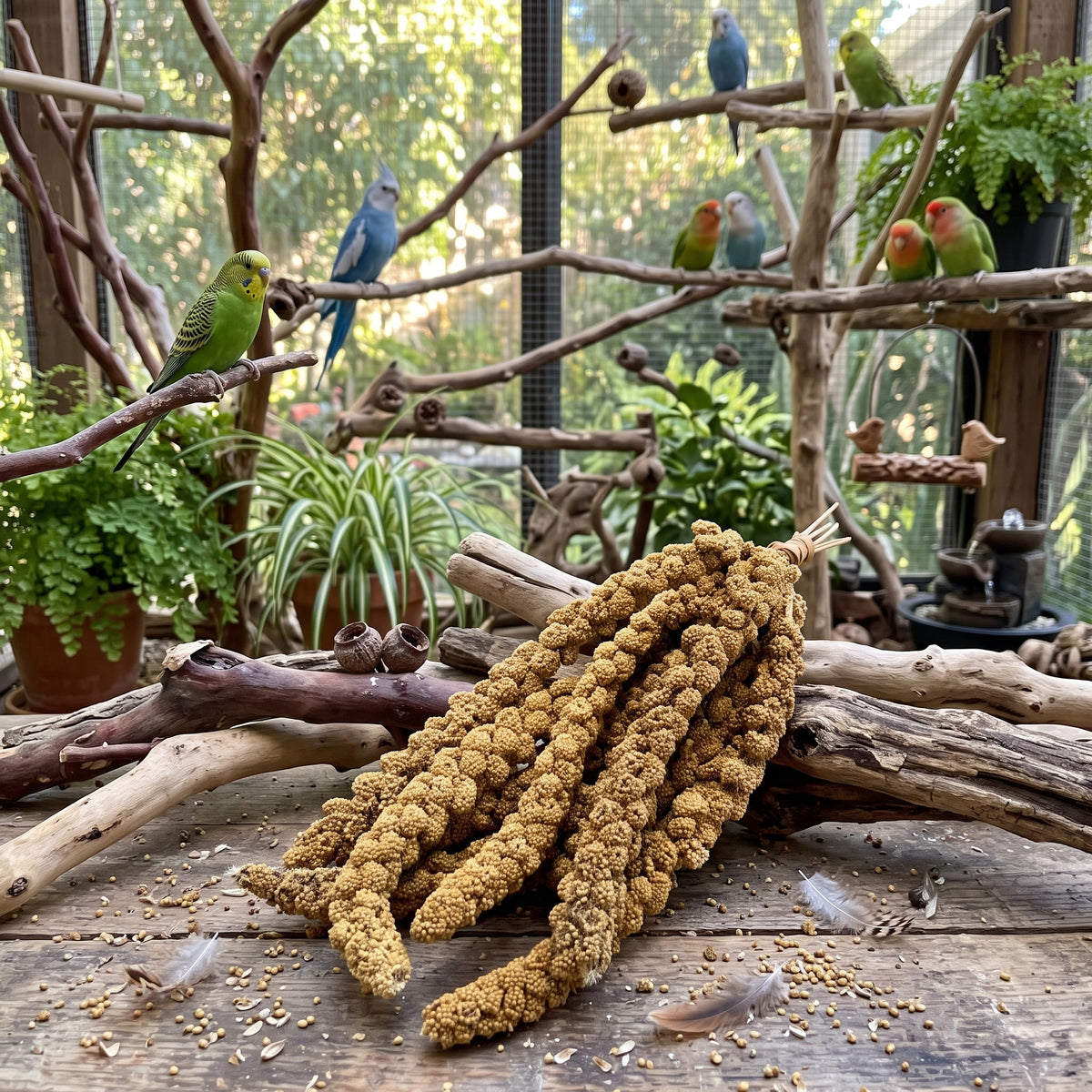 A bundle of birdseed hanging from a wooden stand on a rustic wooden table, with several colorful birds perched on branches and plants in the background.
