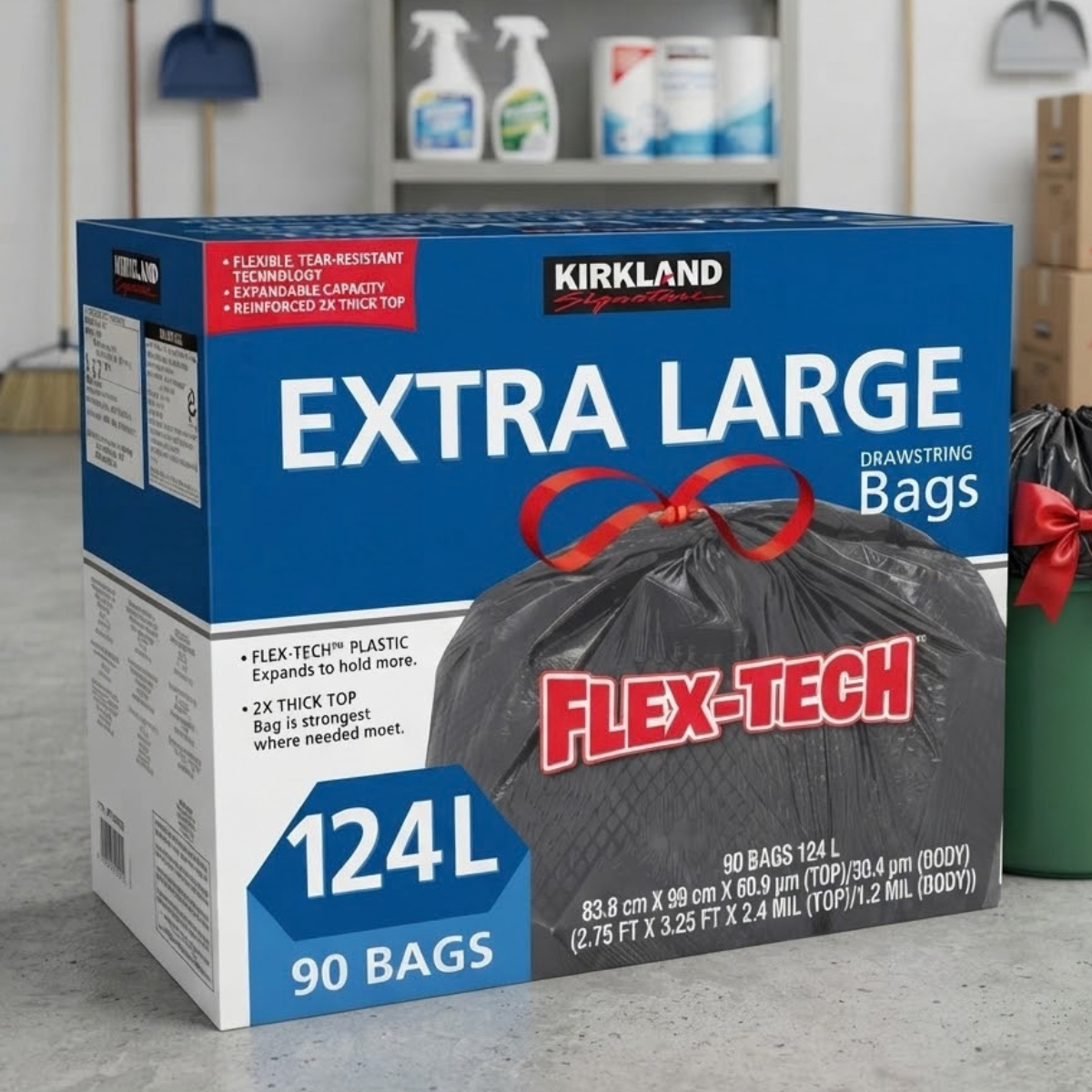 Kirkland Signature 124 Litre Flex-Tech Bin Bags, 90 Pack