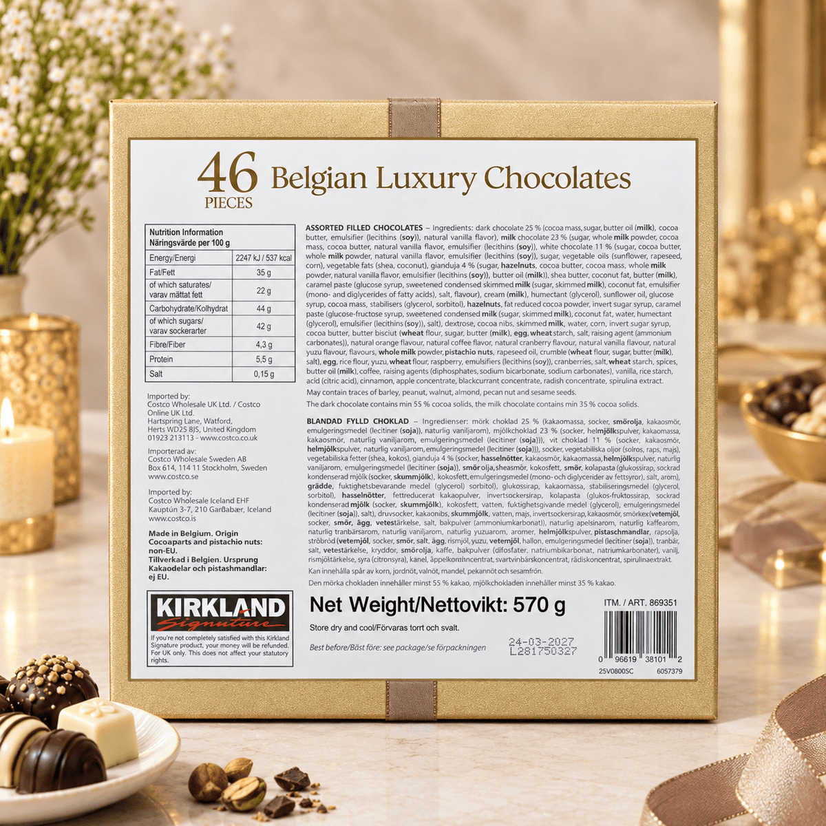 Kirkland Signature Belgian Luxury Chocolates Gift Box (570g) – Available in 3 Colors