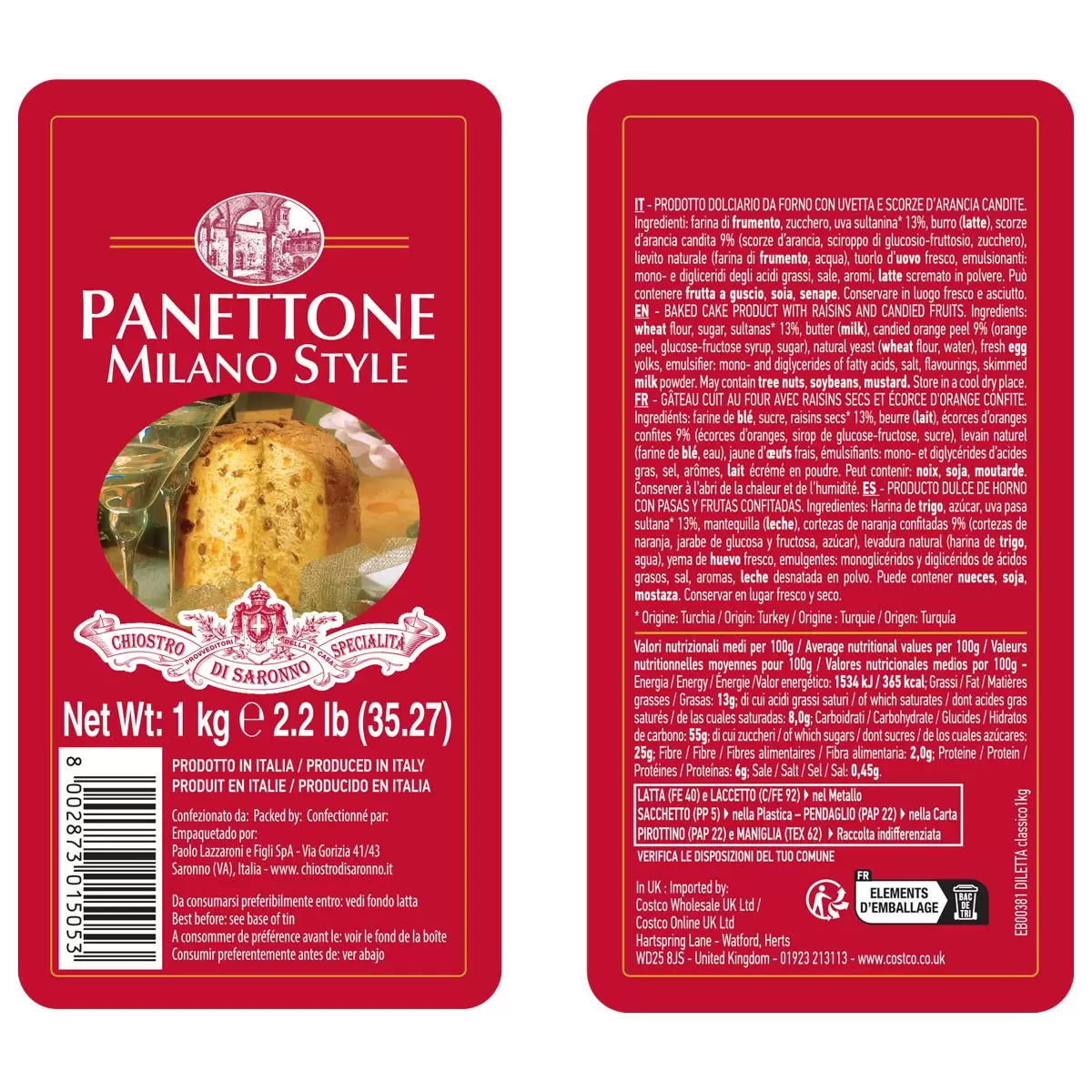 Lazzaroni Chiostro Di Saronno Classic Panettone, 1kg (Pack of 1)
