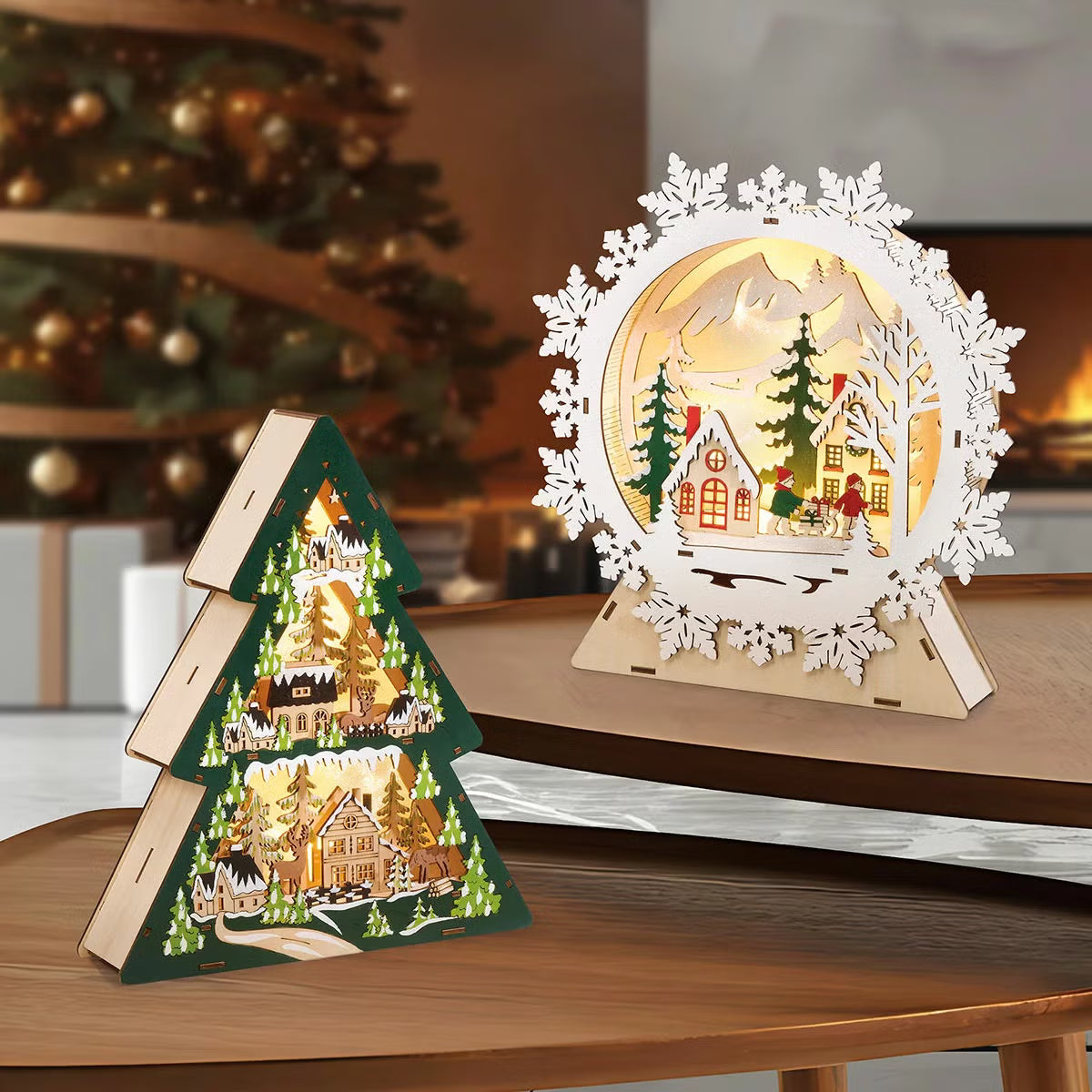 Light Up Wooden Holiday icons Tree & Snowflake-Set Of 2