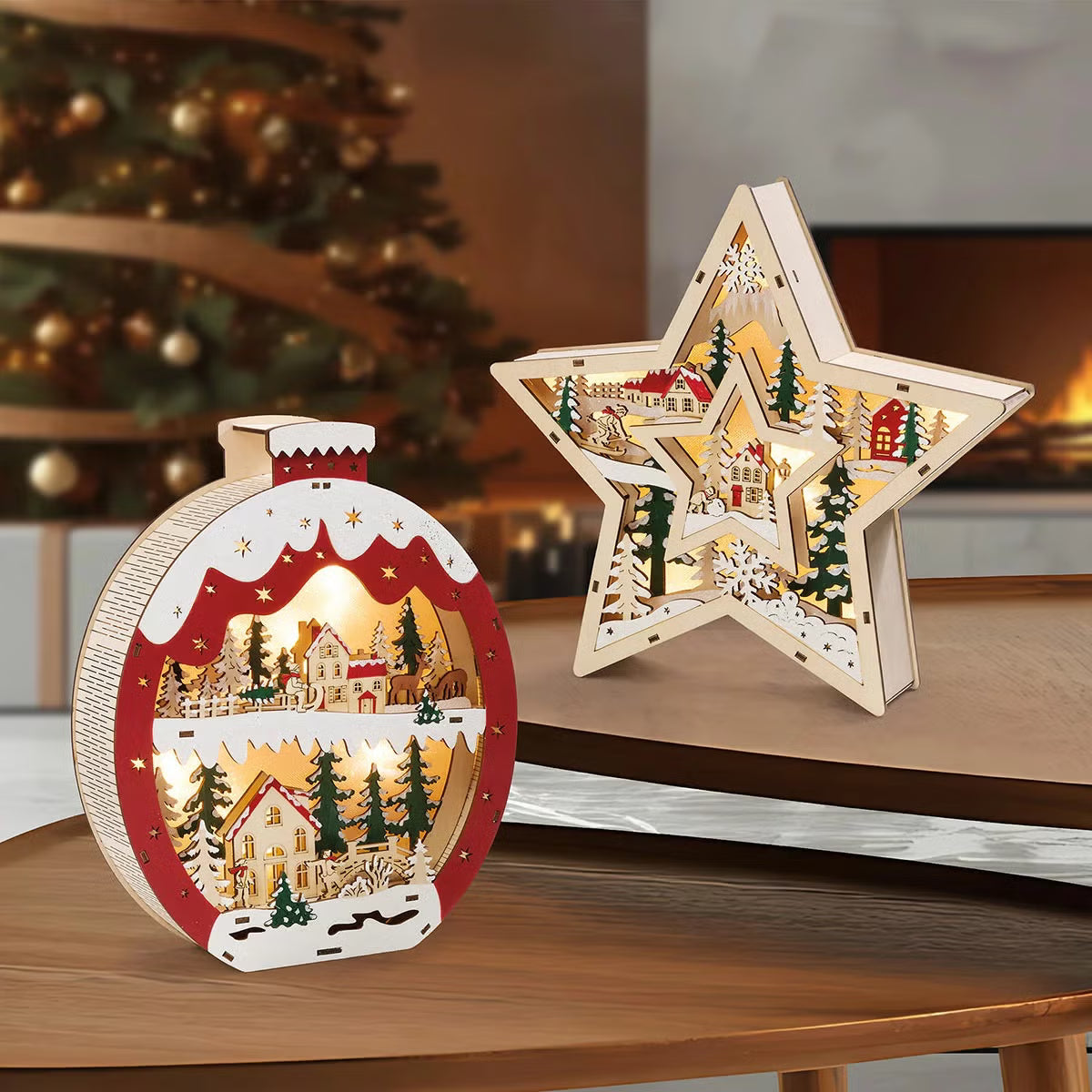 Light Up Wooden Holiday Star Styled Icons-Set Of 2