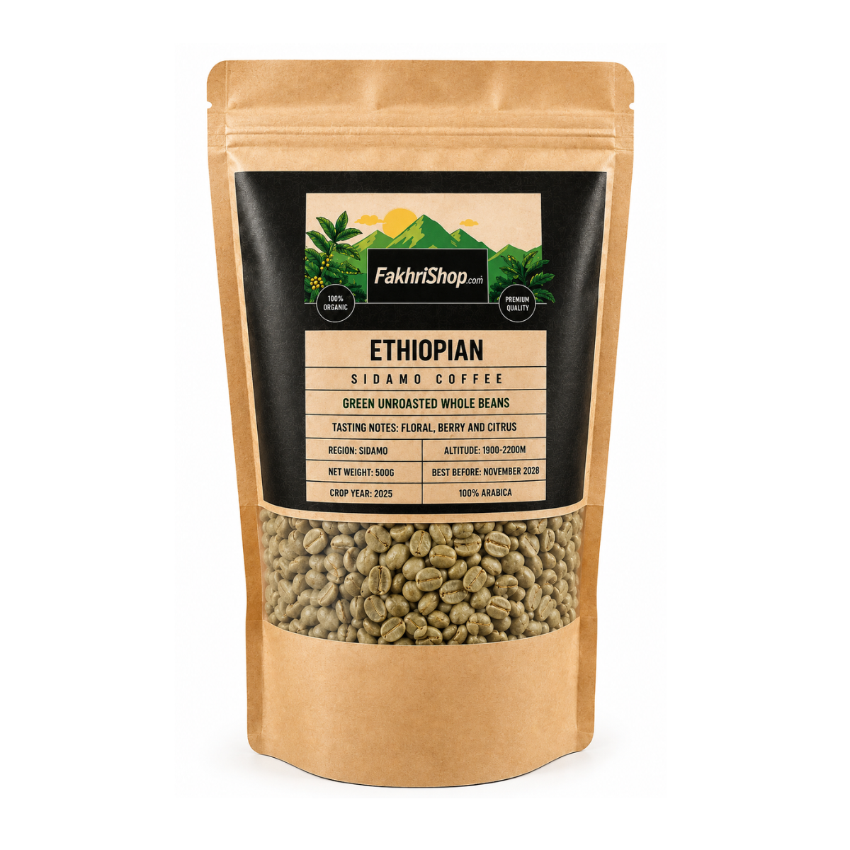 Organic Ethiopian Sidamo Unroasted Green Coffee Beans 500G