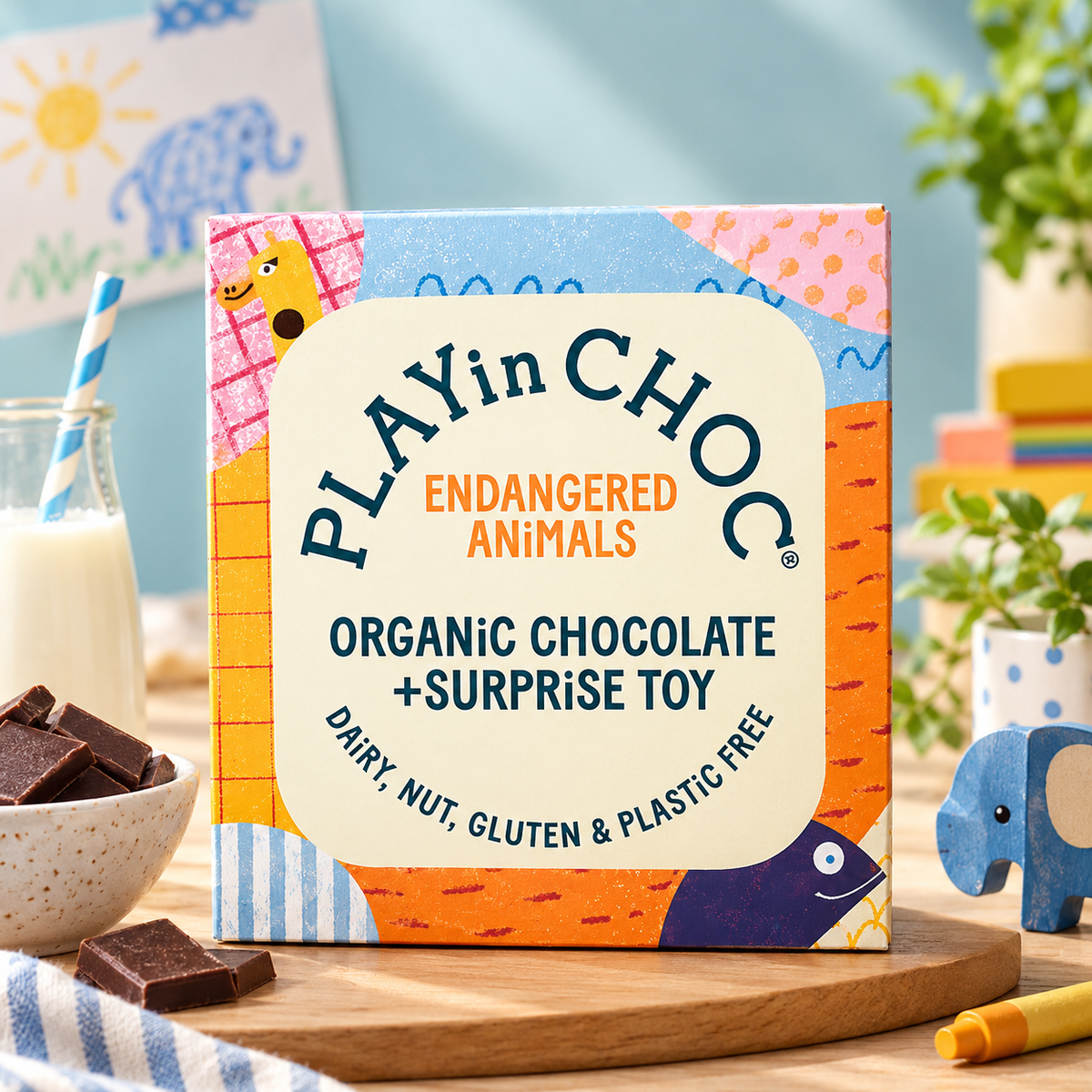 PLAYin CHOC Toy Choc Box Endangered Animals Organic Chocolate & Surprise Toy (Pack of 1)