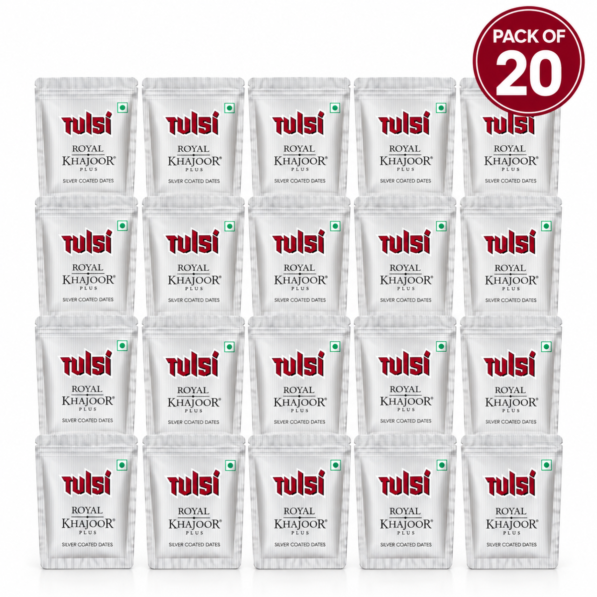 Tulsi Royal Khajoor Plus Silver Coated Khajoor Dates 5.75g Pack of 20